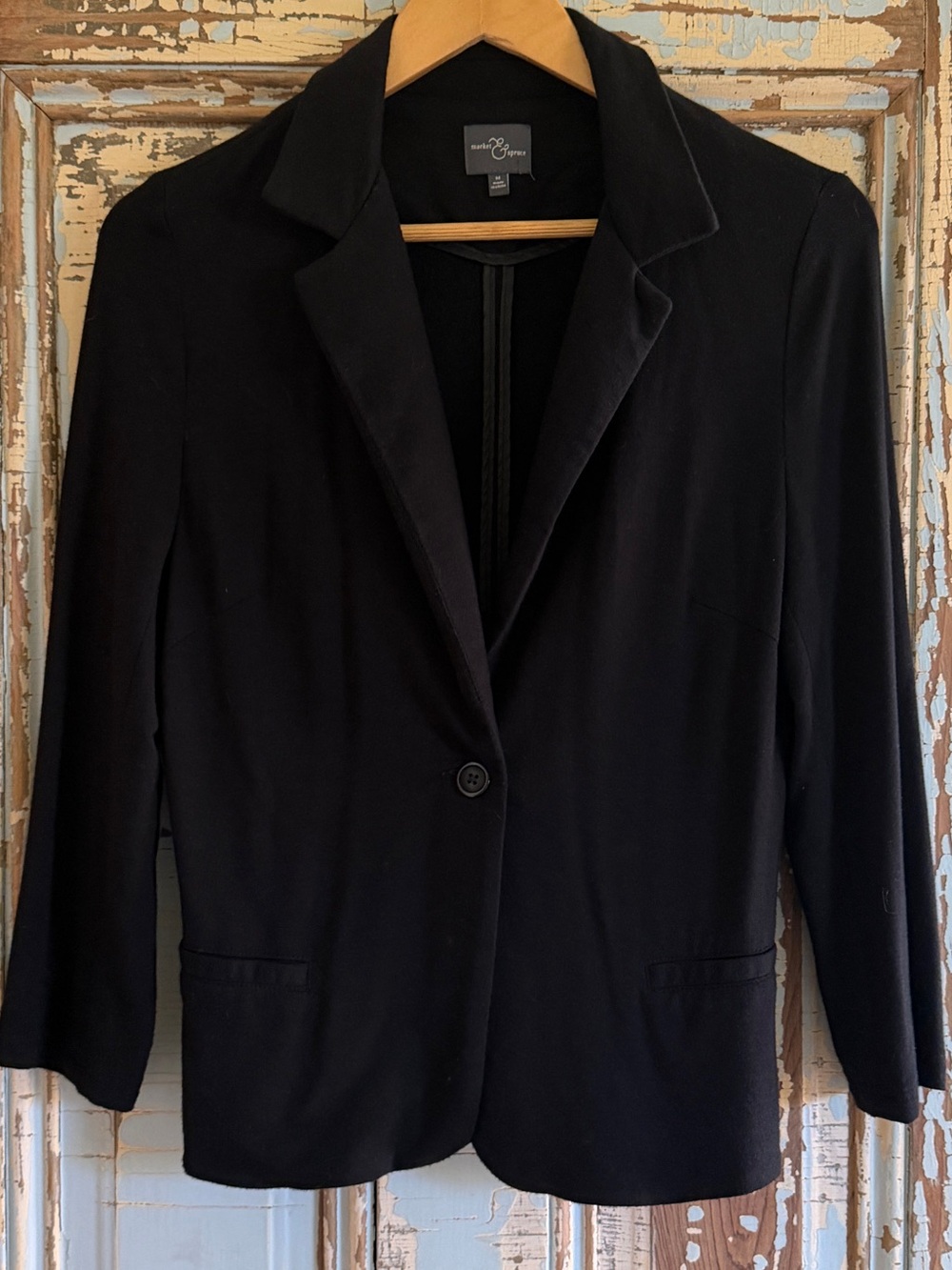 Market & Spruce Black Single-Button Women's Blazer 3/4 in sleeve and ruffle back